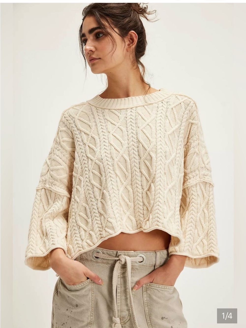Free People Washed Ashore Cable-Knit Cropped Crew Sweater